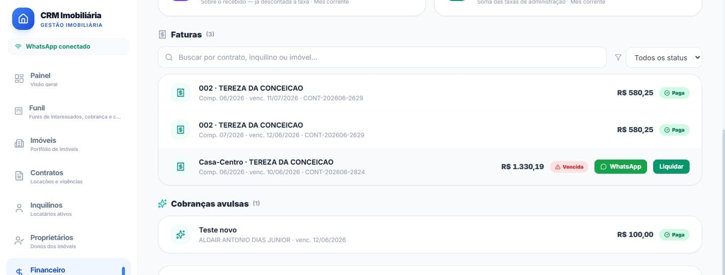 Tela financeira com ação de cobrança de aluguel pelo WhatsApp